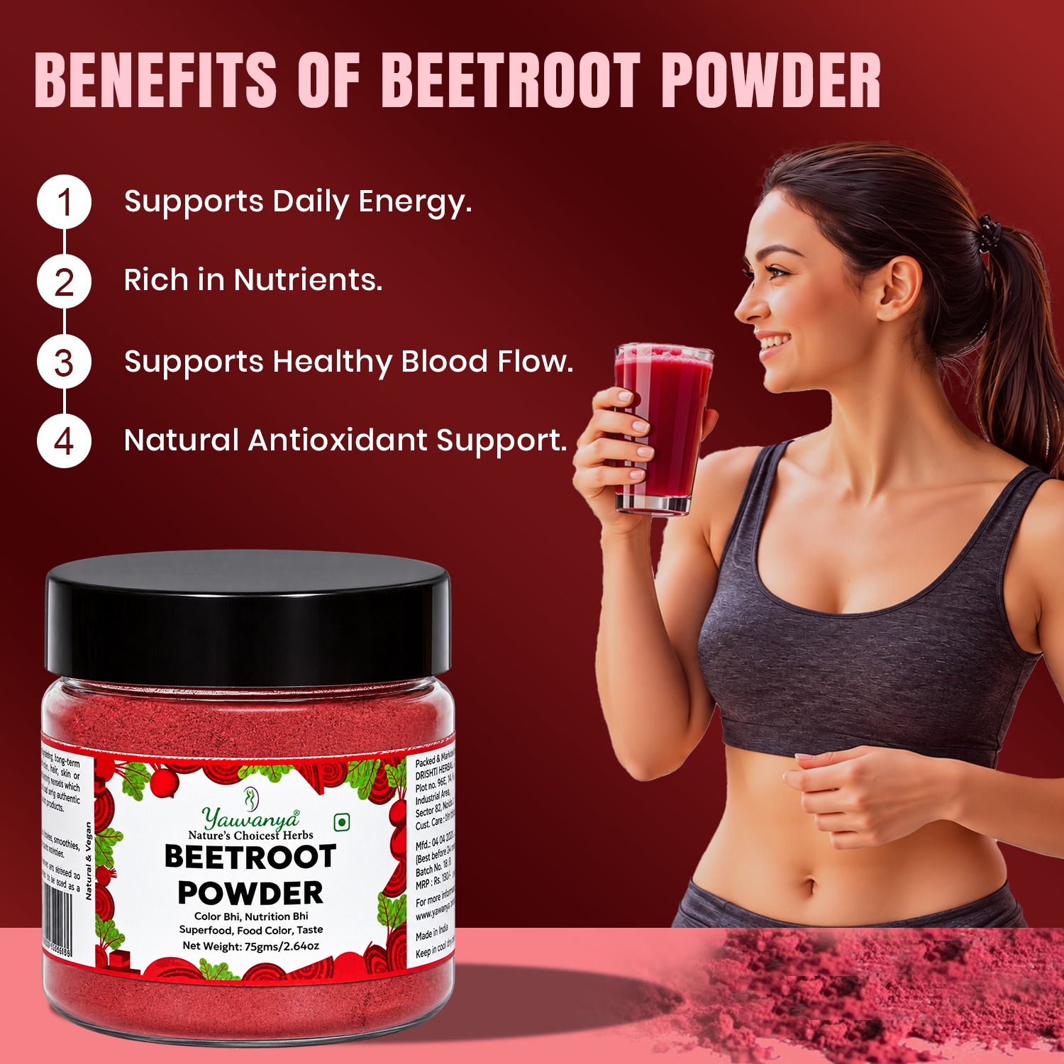 Yauvanya Beetroot Powder | Natural Food & Hair Color (50g / 75g / 100g) - Image 3