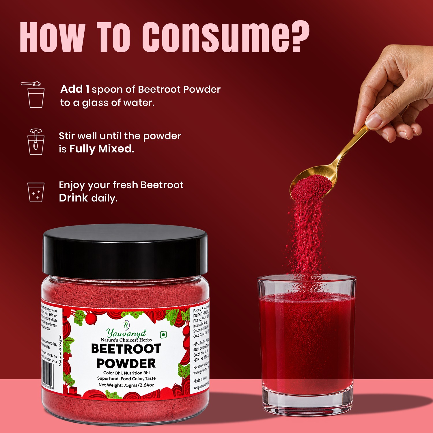 Yauvanya Beetroot Powder | Natural Food & Hair Color (50g / 75g / 100g) - Image 4
