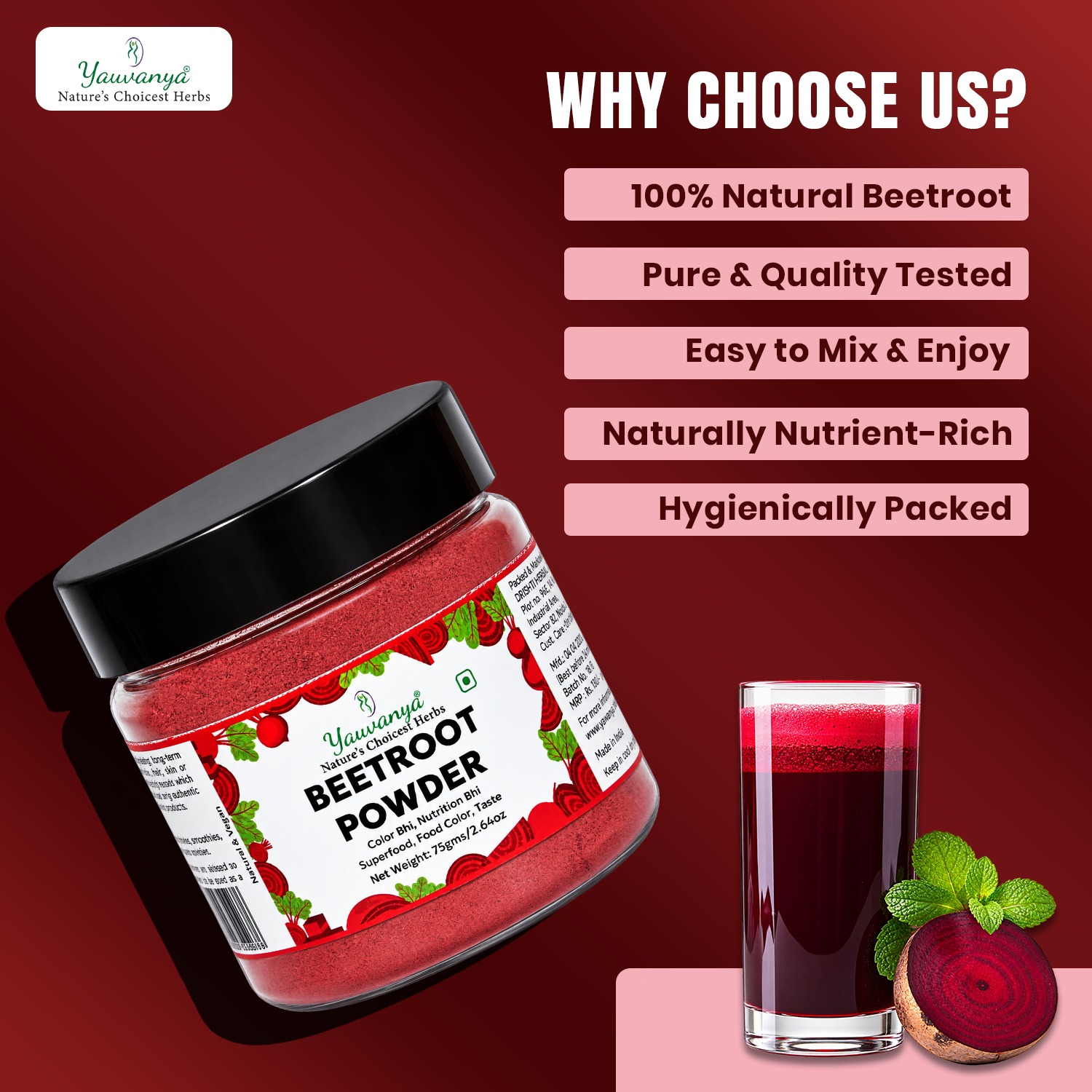 Yauvanya Beetroot Powder | Natural Food & Hair Color (50g / 75g / 100g) - Image 5