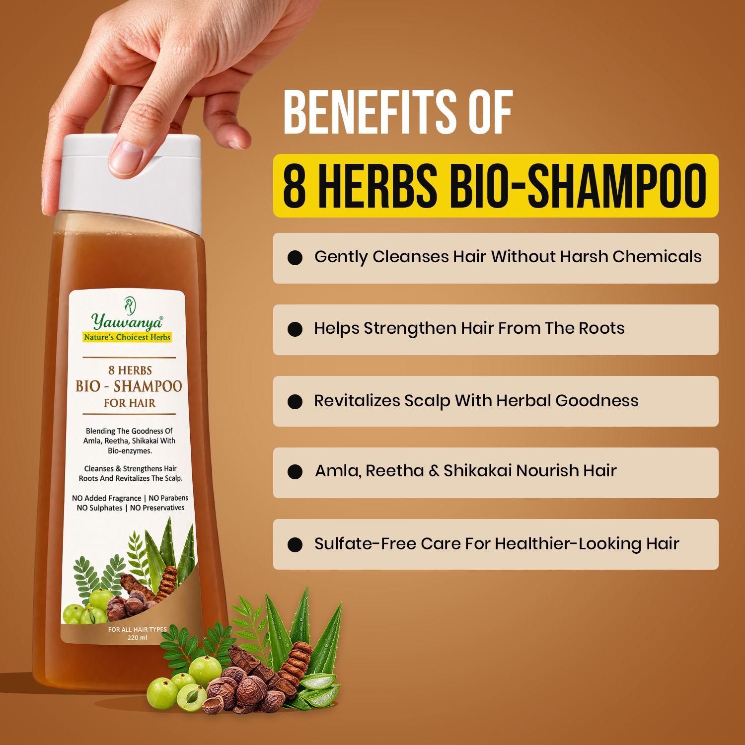 Yauvanya 8 Herbs Handmade Bio Shampoo 220ml | Amla, Reetha, Shikakai Mix - Image 3