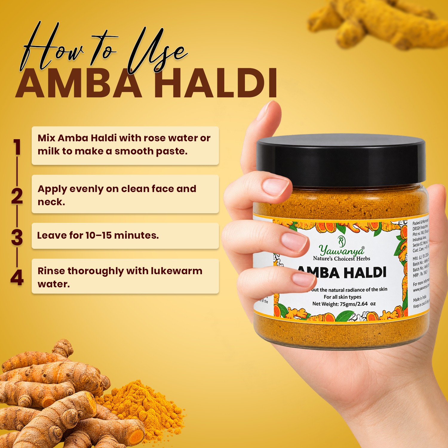 Yauvanya Pure Amba Haldi | Cleanses & Smoothens Skin (75gm / 100gm) - Image 3
