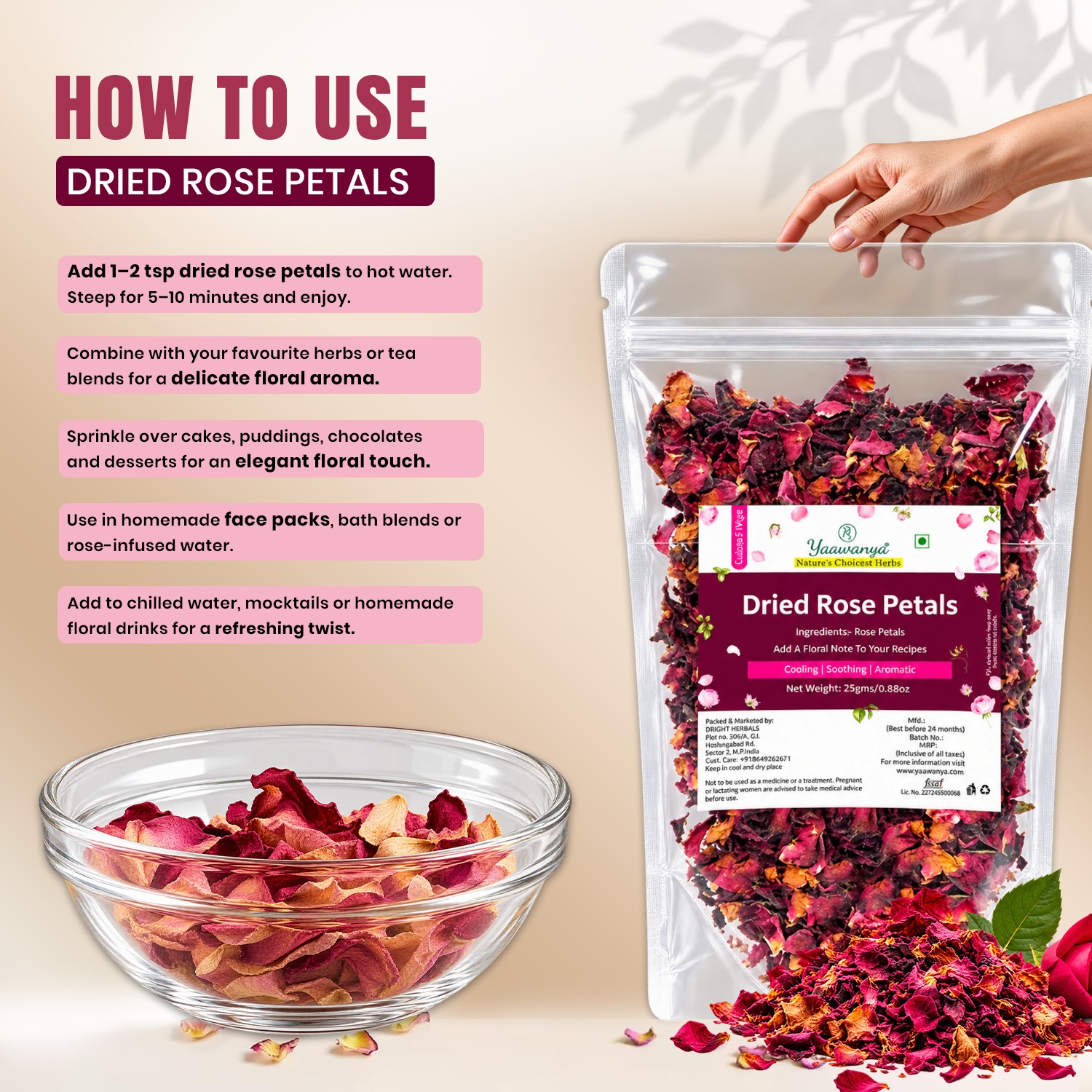 Yauvanya Dried Rose Petals 25g | Rich in Vitamins & Minerals | Cooling & Versatile for Skin Care - Image 3