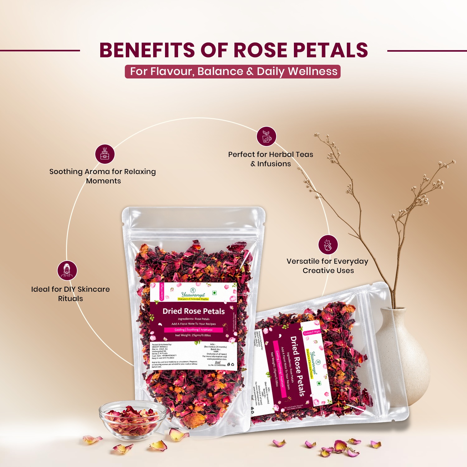 Yauvanya Dried Rose Petals 25g | Rich in Vitamins & Minerals | Cooling & Versatile for Skin Care - Image 4