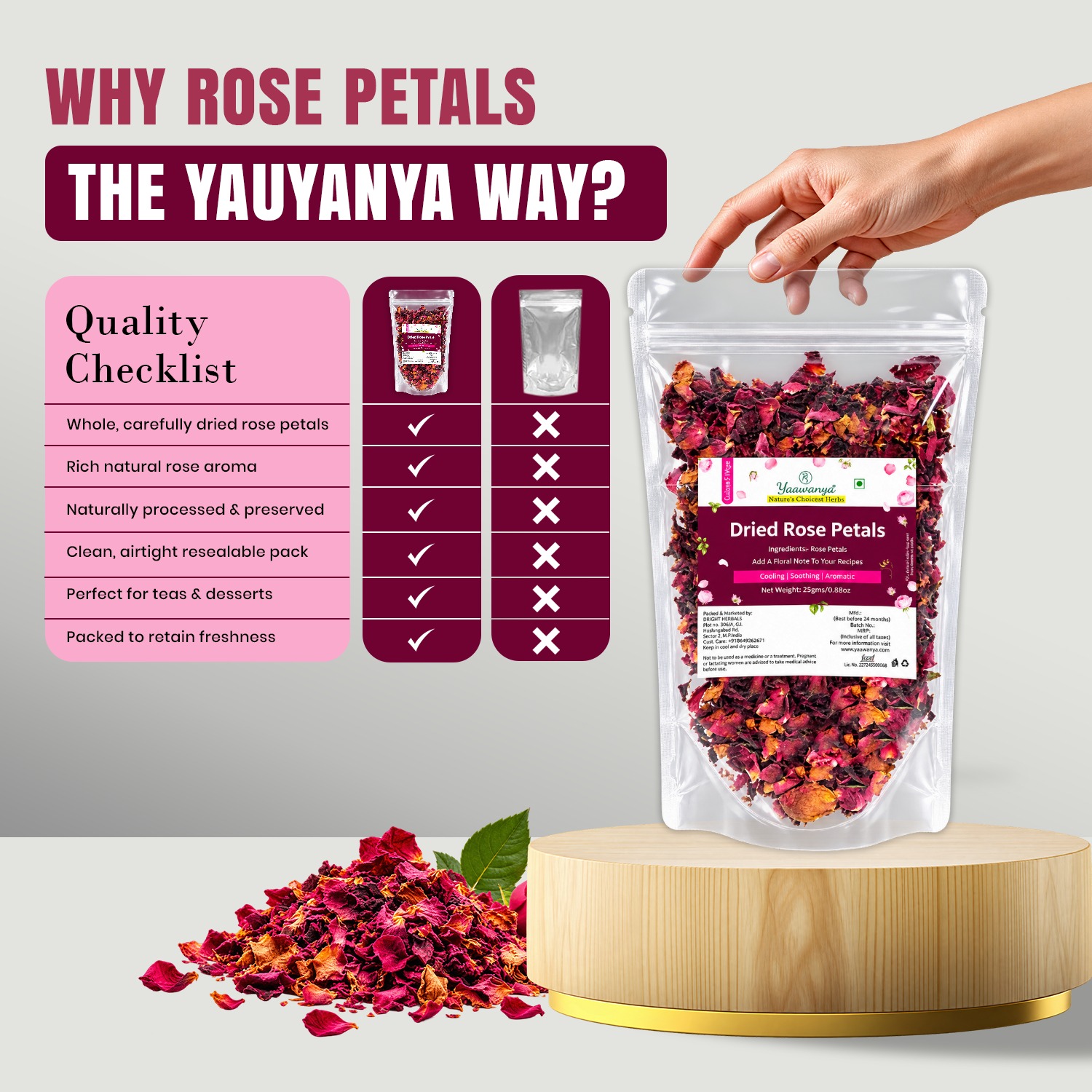 Yauvanya Dried Rose Petals 25g | Rich in Vitamins & Minerals | Cooling & Versatile for Skin Care - Image 2