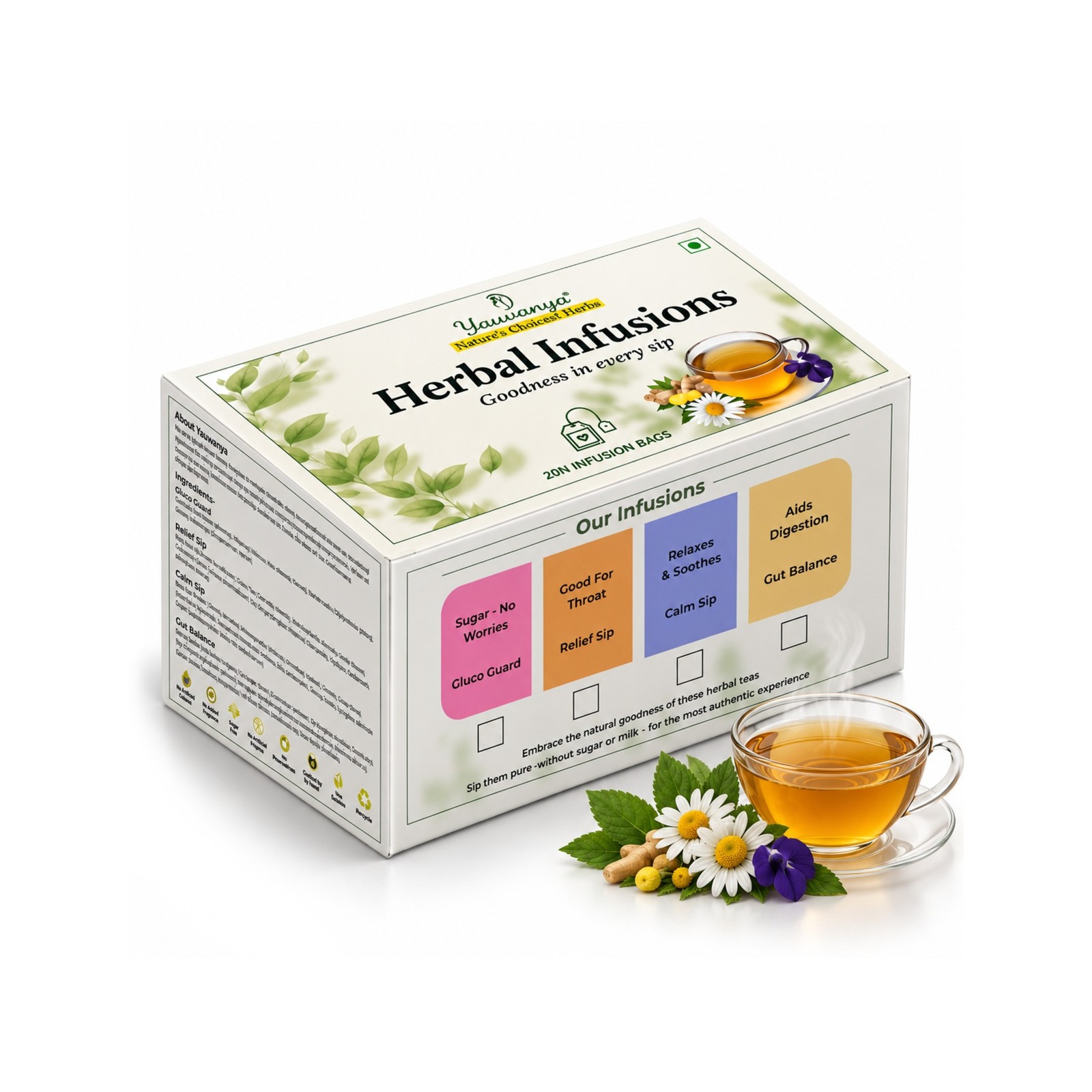 Yauvanya Herbal Infusions Variety Pack 50g | 4 Blends: Gut Balance, Relief Sip, Calm Sip & Gluco Guard