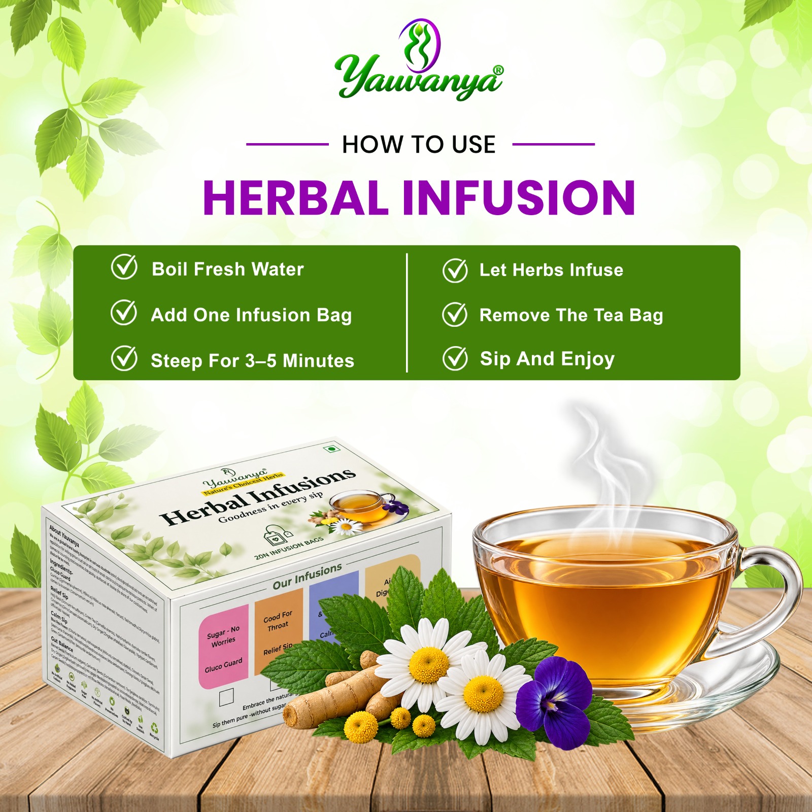 Yauvanya Herbal Infusions Variety Pack 50g | 4 Blends: Gut Balance, Relief Sip, Calm Sip & Gluco Guard - Image 2