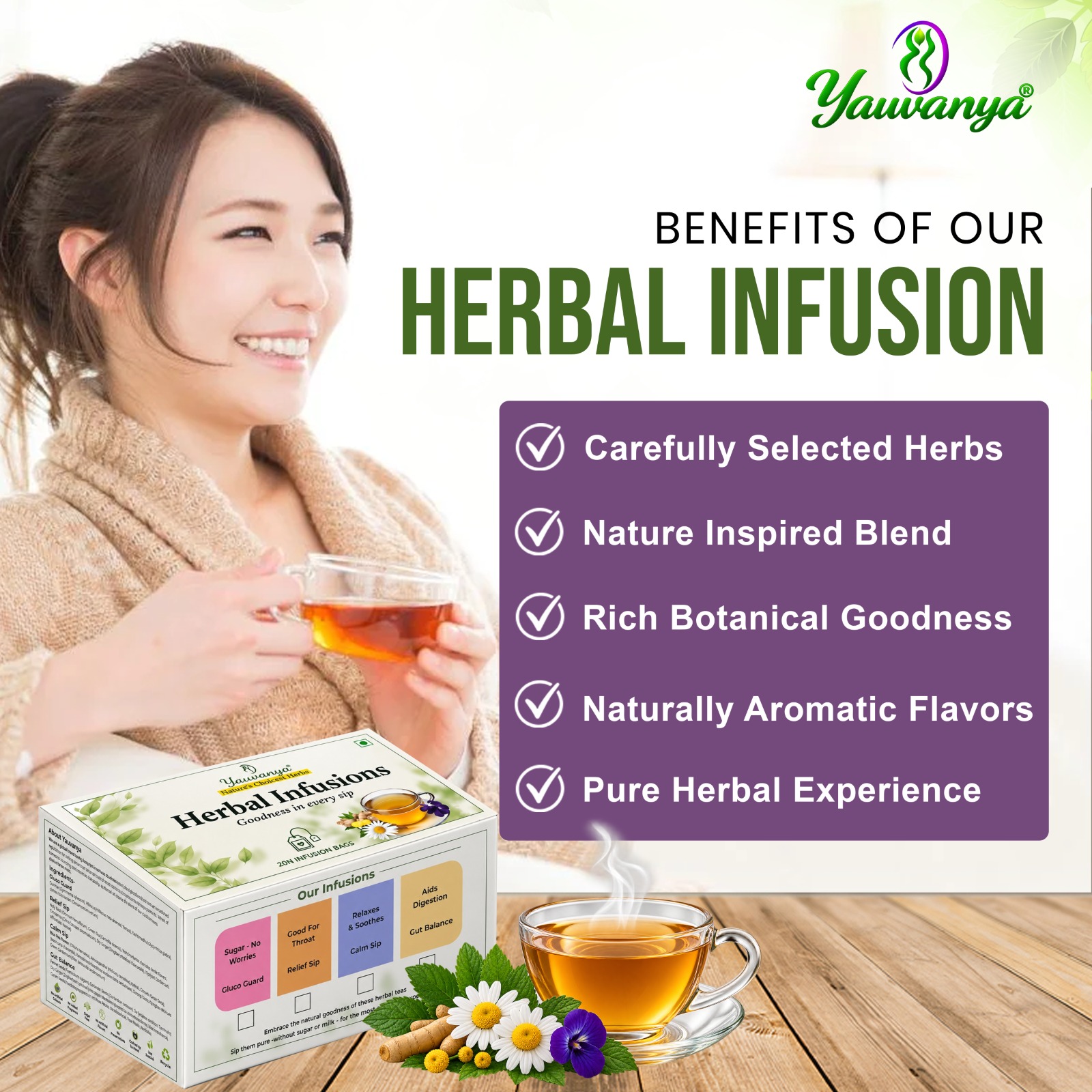 Yauvanya Herbal Infusions Variety Pack 50g | 4 Blends: Gut Balance, Relief Sip, Calm Sip & Gluco Guard - Image 3