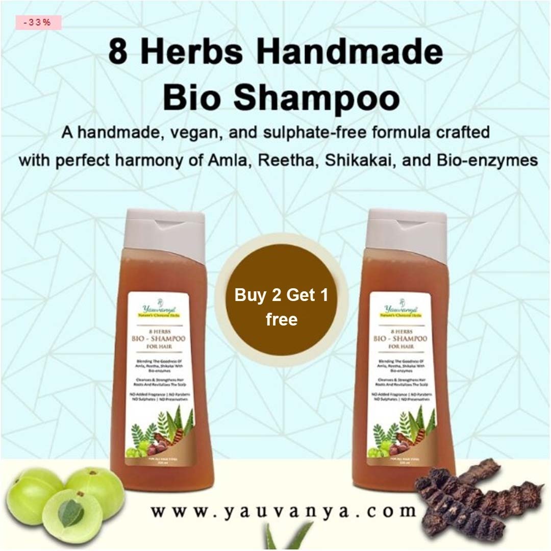 Yauvanya 8 Herbs Handmade Bio Shampoo 220ml | Amla, Reetha, Shikakai Mix | (Buy 2 Get 1 FREE)