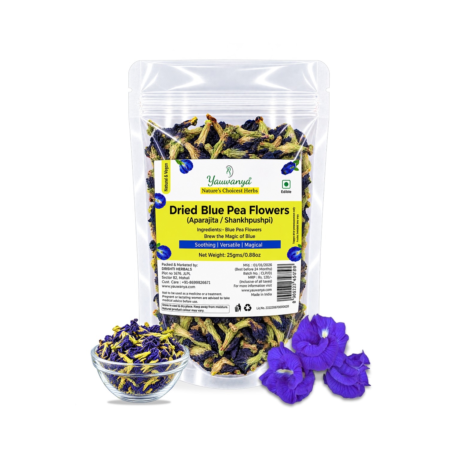 Yauvanya Dried Blue Pea Flowers (Aparajita / Shankhpushpi) – 100% Natural Butterfly Pea Flower Herbal Tea